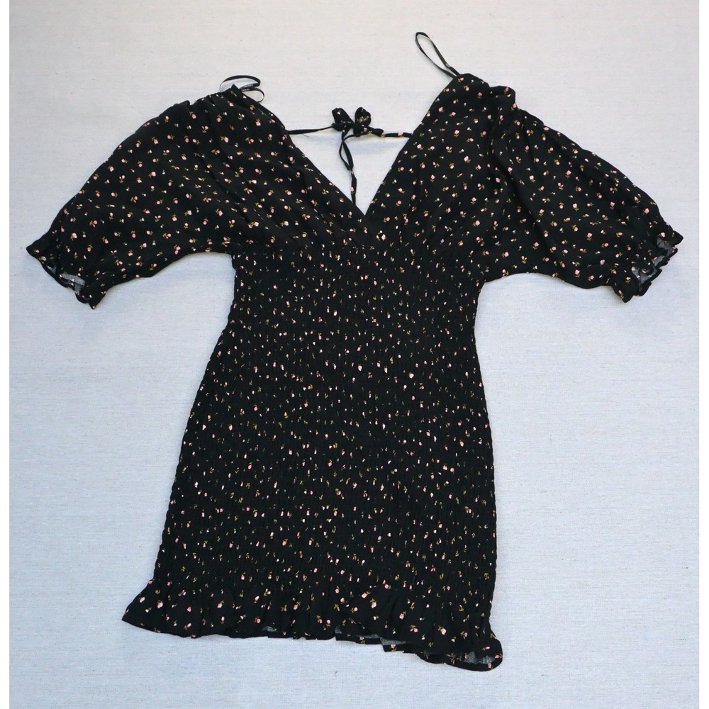Forever 21 Womens L Black Ditsy Floral Smocked Mini Dress Puff Sleeve Tie Back